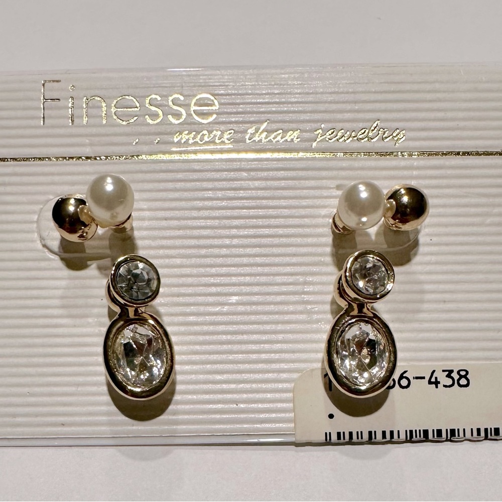 Vintage Finesse 3 Set Gold Tone, Crystal Drop & Faux Pearl Earrings - NOS